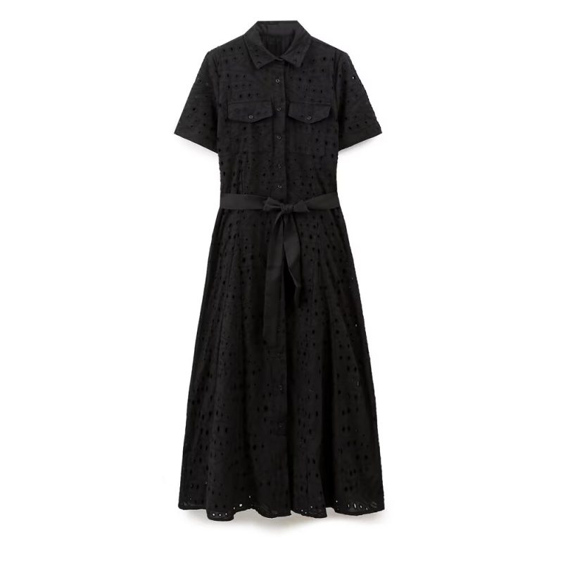 Embroidered Hollow-Out Shirt Dress with Cutouts