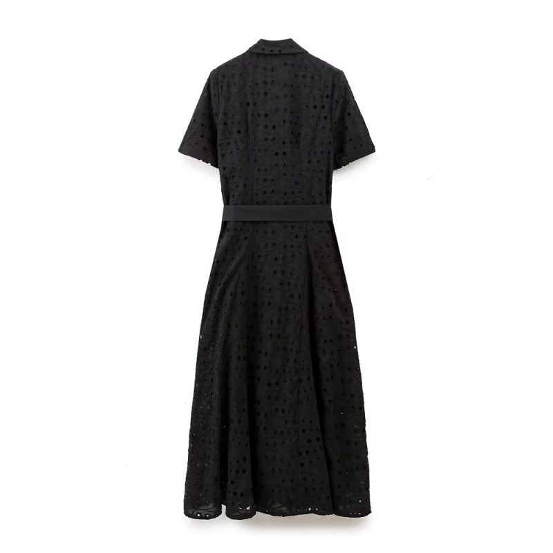Embroidered Hollow-Out Shirt Dress with Cutouts - Image 2