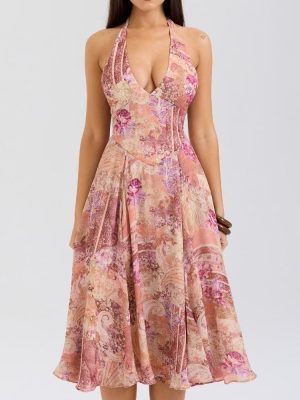 Paisley Halter Backless Slim Fit Autumn Dress