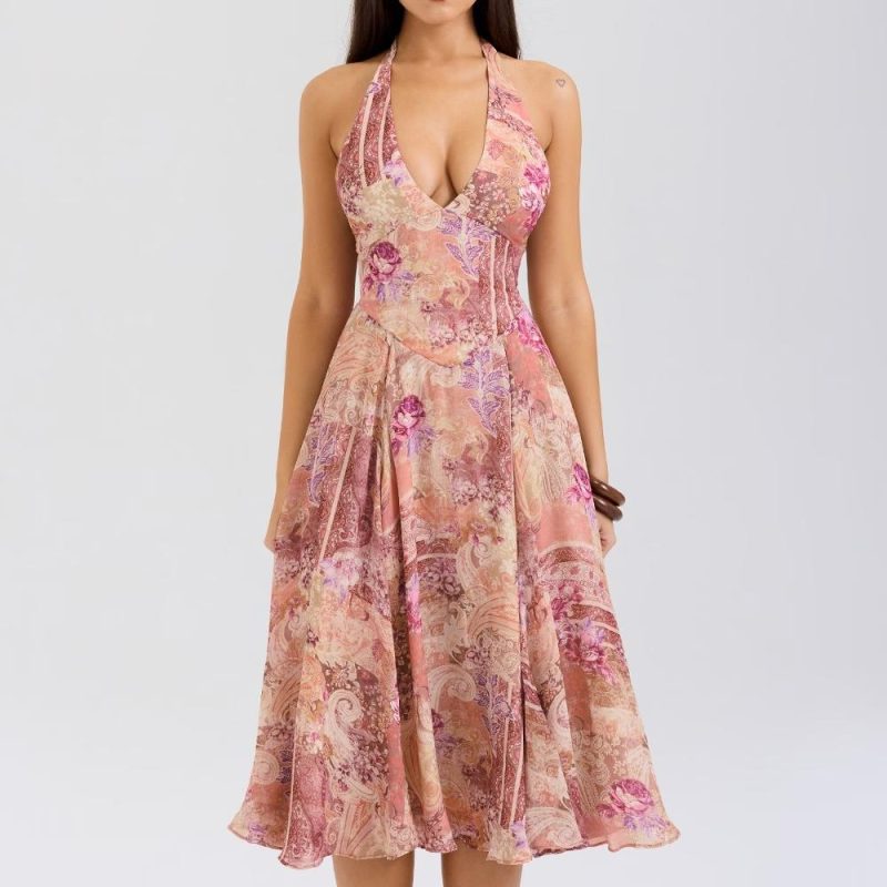 Paisley Halter Backless Slim Fit Autumn Dress