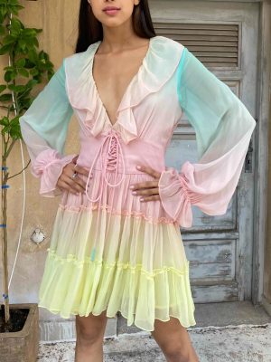 Rainbow Tie Waist Long Sleeve Vacation Dress