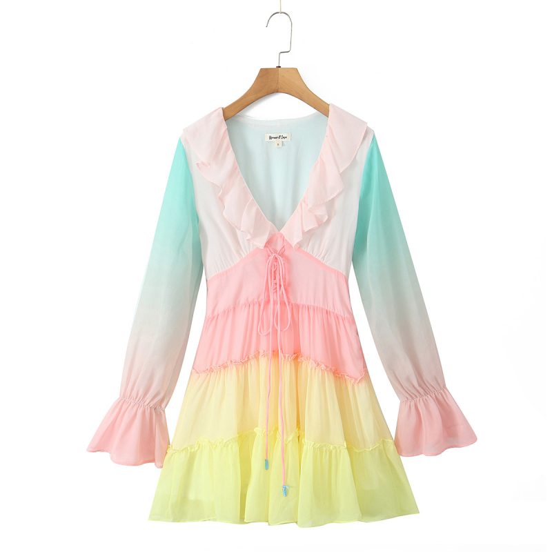 Rainbow Tie Waist Long Sleeve Vacation Dress - Image 2