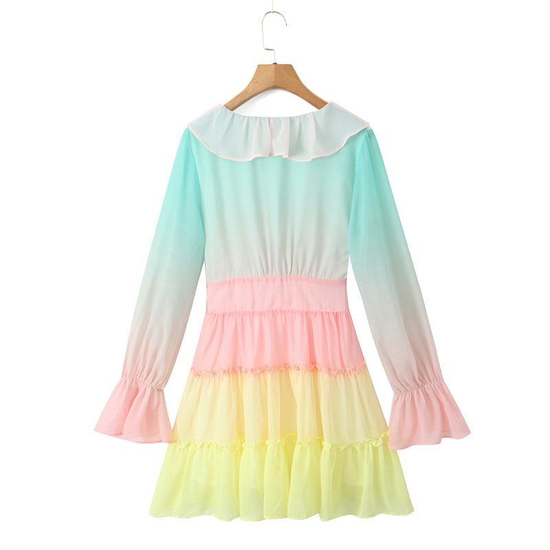 Rainbow Tie Waist Long Sleeve Vacation Dress - Image 3