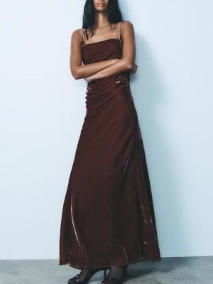 Velvet Pleated Sling Midi Dress for Fall