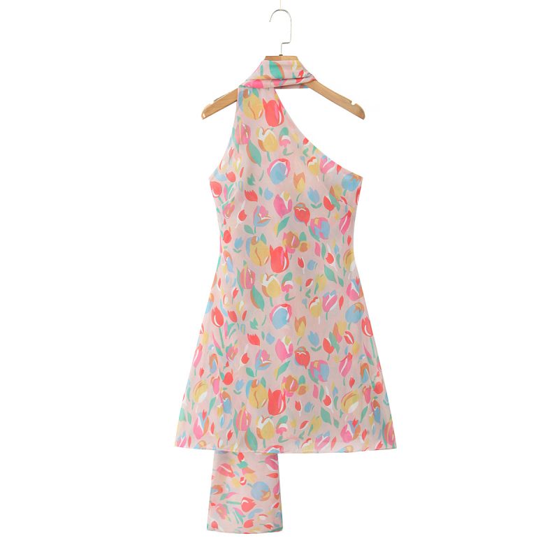 Oblique Shoulder Floral Print Vacation Dress Women - Image 2