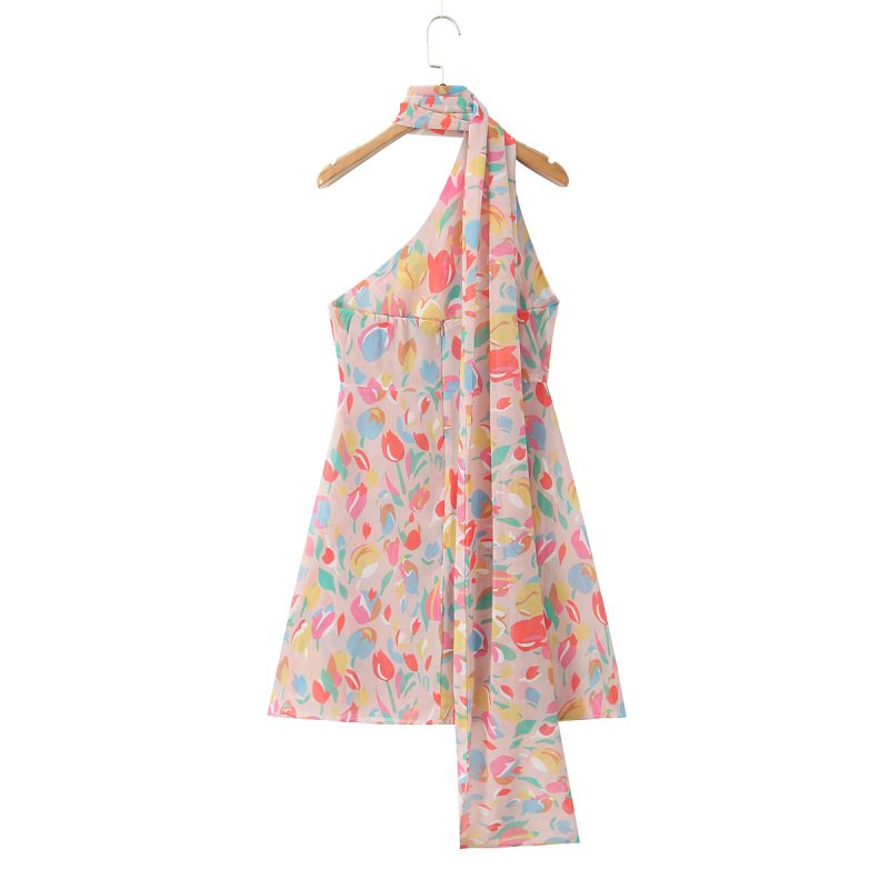 Oblique Shoulder Floral Print Vacation Dress Women - Image 3