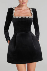 Women's Spring Velvet Dress with Diamond Detail
