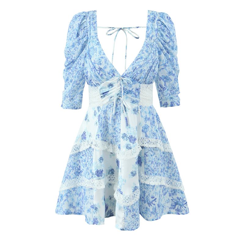 Porcelain Floral Lace V-Neck Spring Dress - Image 3