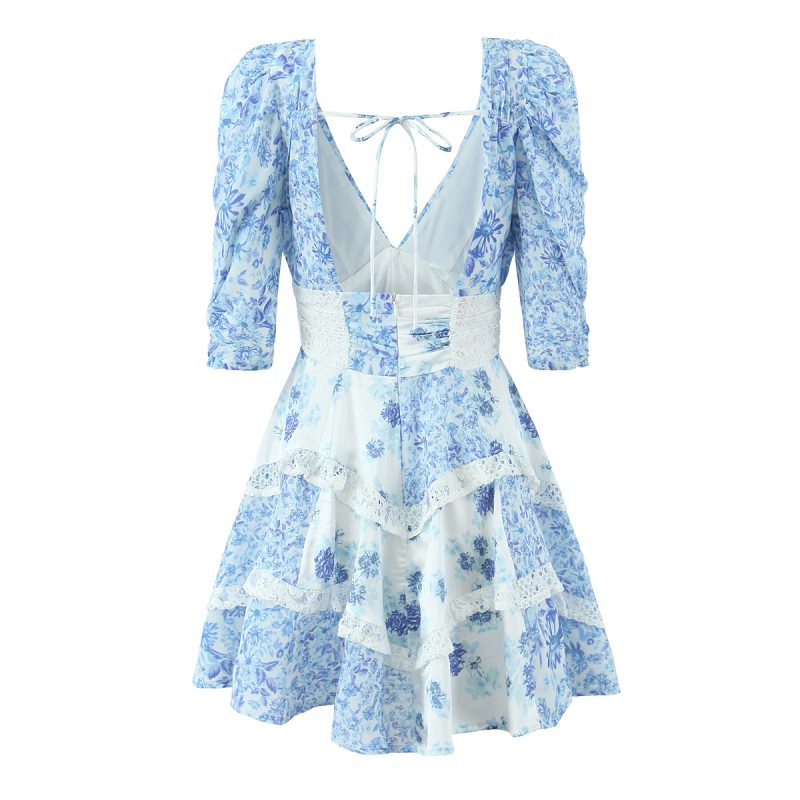 Porcelain Floral Lace V-Neck Spring Dress - Image 4