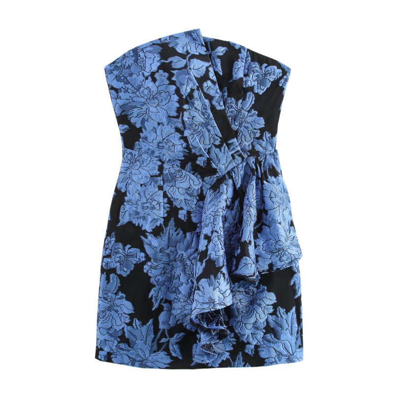 Strapless Jacquard Dress with Collar Design - Image 3
