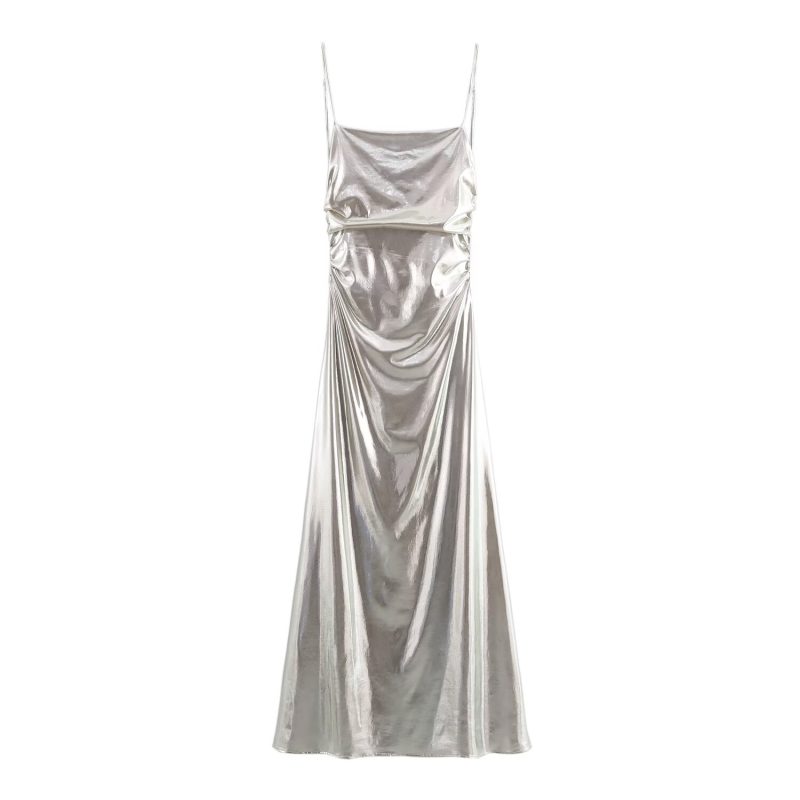 Metallic Foil Pleated Slim Strap Dress