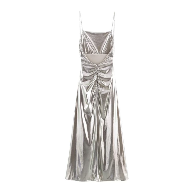 Metallic Foil Pleated Slim Strap Dress - Image 2
