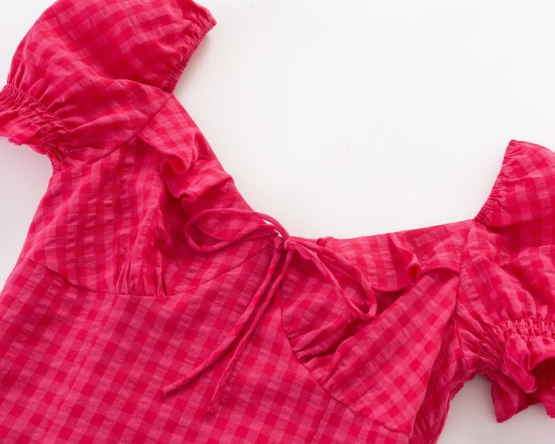 Puff Sleeve A-Line Dress – Summer Plaid Style - Image 2