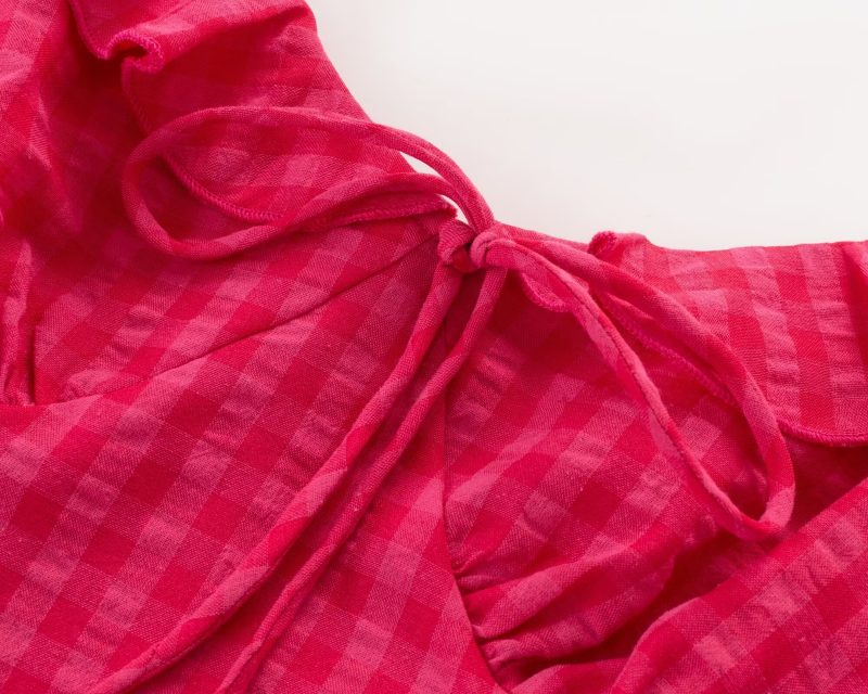Puff Sleeve A-Line Dress – Summer Plaid Style - Image 3