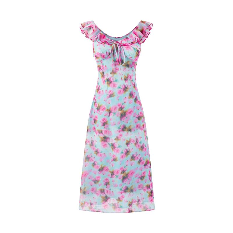 High-Grade Floral Ruffled V-Neck Midi Dress