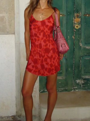 Printed Bow Lace-Up Slim Fit Slip Dress