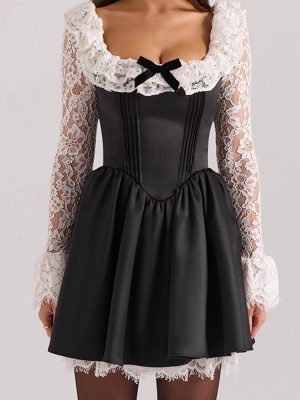 Retro Lace Stitch Satin Bow Waist Dress