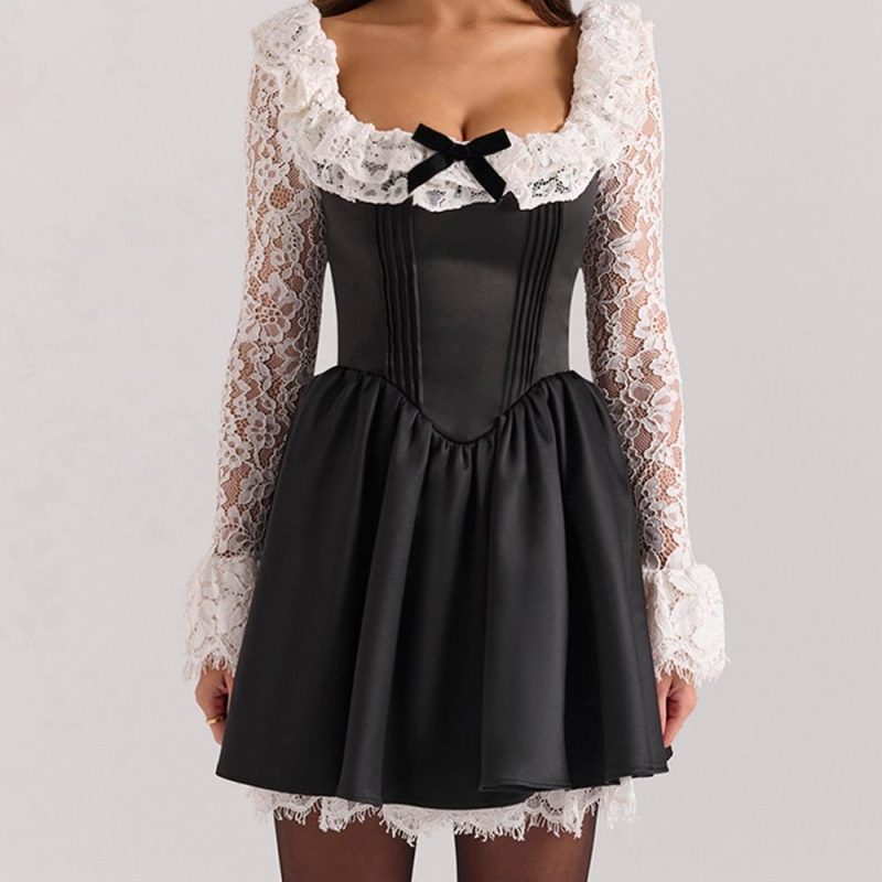 Retro Lace Stitch Satin Bow Waist Dress