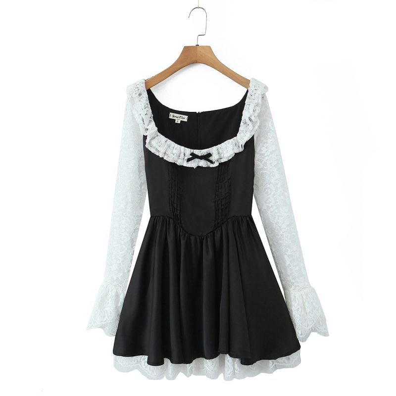 Retro Lace Stitch Satin Bow Waist Dress - Image 3