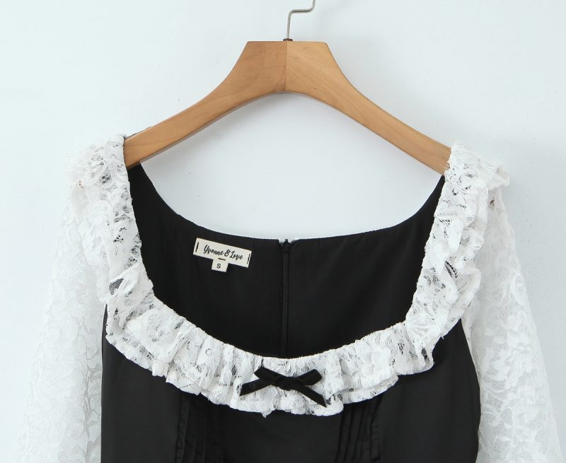 Retro Lace Stitch Satin Bow Waist Dress - Image 4