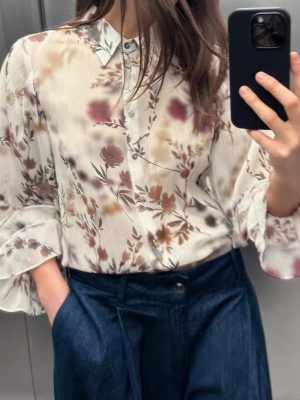 Spring Metallic Print Collared Long Sleeve Shirt