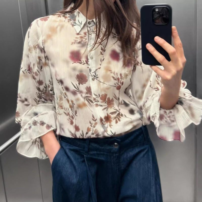 Spring Metallic Print Collared Long Sleeve Shirt