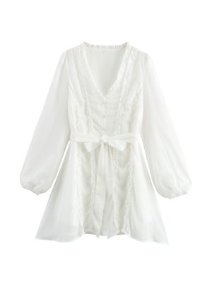 Women's White Chiffon Ruffled Spring Dress