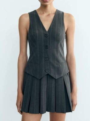 Striped Wide Pleated Vest Short Dress