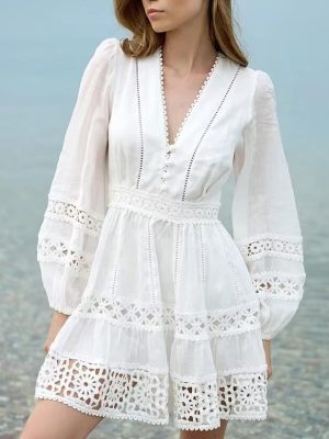 V-Neck Lace Stitching Hollow Out Dress Women