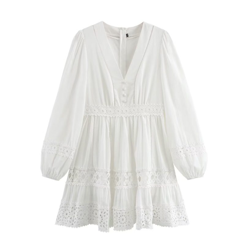 V-Neck Lace Stitching Hollow Out Dress Women - Image 2