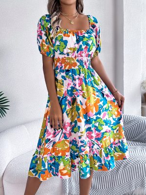 Floral Square Collar Ruffled A-Line Dress