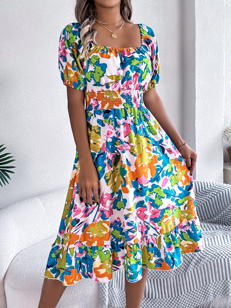 Floral Square Collar Ruffled A-Line Dress