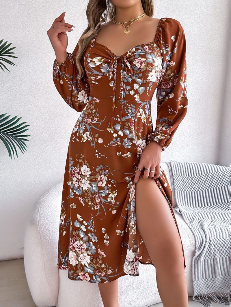Floral Lace-Up Split Long Sleeve Dress
