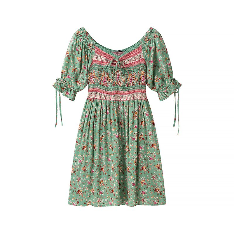 Autumn Green Printed Rayon Elastic Dress - Image 4