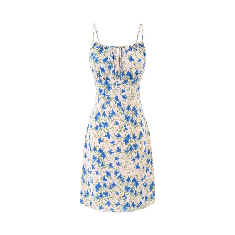 Blue Butterfly Floral Suspender Sheath Dress