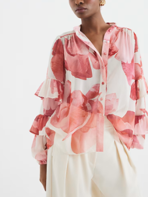 Vintage Printed Stand Collar Ruffled Long Sleeve Shirt