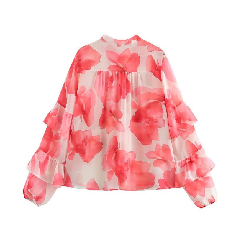 Vintage Printed Stand Collar Ruffled Long Sleeve Shirt - Image 3