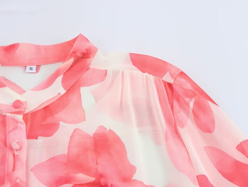 Vintage Printed Stand Collar Ruffled Long Sleeve Shirt - Image 4