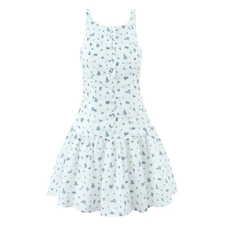 Spring French Floral Print Backless Dress