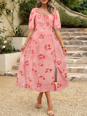 Elegant Summer Floral Lantern Sleeve Dress