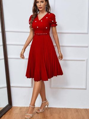 Puff Sleeve Belted Pleated Mid-Length Evening Dress