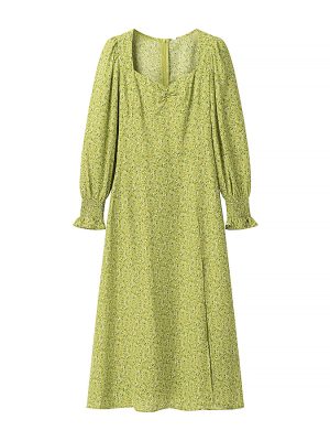 Slimming Waist Puff Sleeve Printed Dress
