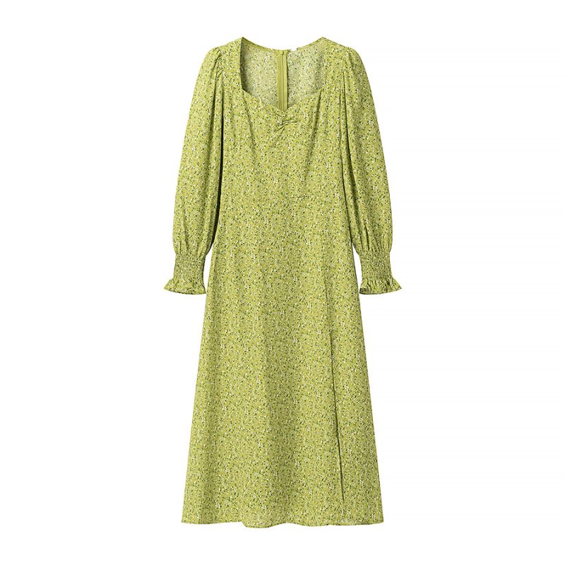 Slimming Waist Puff Sleeve Printed Dress