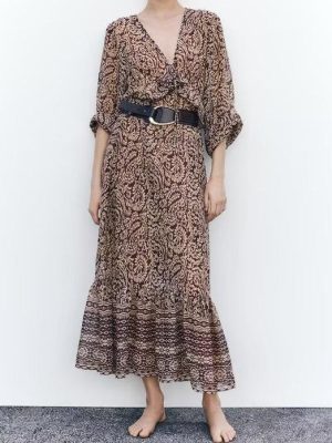 Printed Midi Dress with Laminated Detail Sleeves