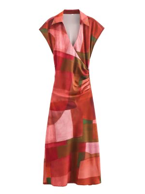 Geometric Abstract Printed Silk Satin Dress Women