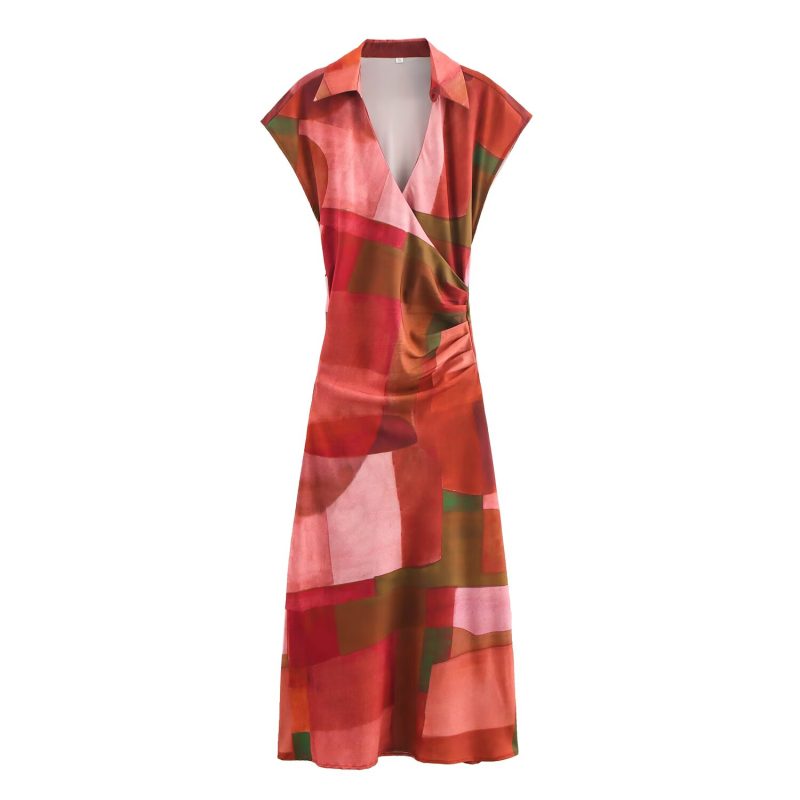 Geometric Abstract Printed Silk Satin Dress Women