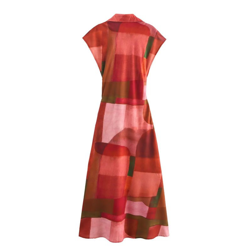 Geometric Abstract Printed Silk Satin Dress Women - Image 2