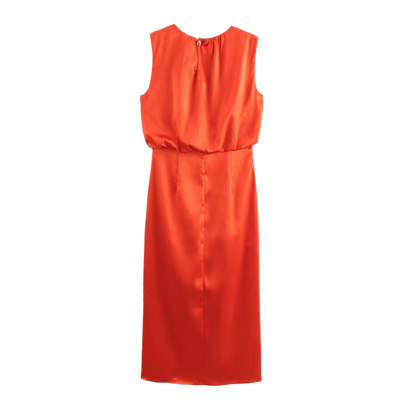 Decorative Pleated Dress – Silk Satin Midi Look - Image 3