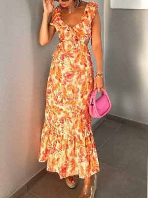 Spring Printed Midi Dress with Laminated Details