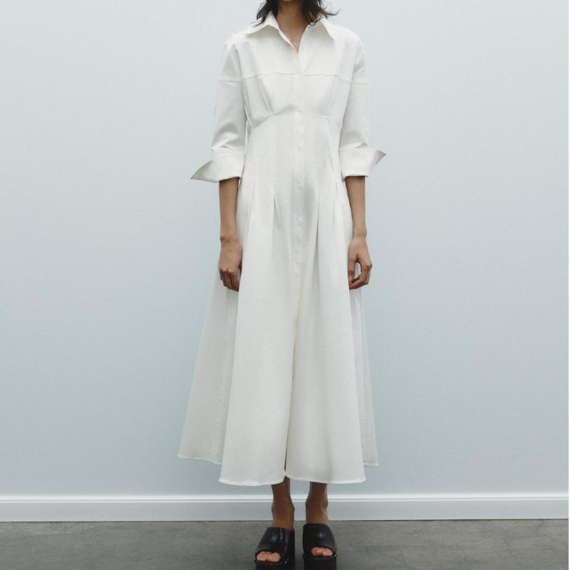 Shirt Midi Dress – Tied Waist Solid Color